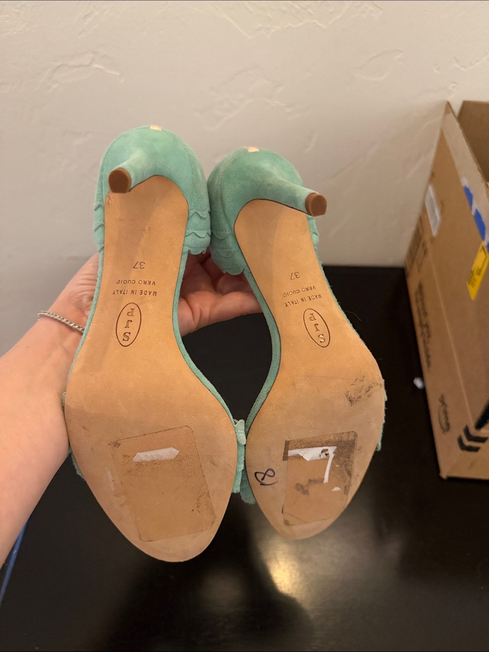 SJP D'Orsay Sandals Heels Bobbie Womens 37 Suede Seafoam Green Scalloped - Picture 4 of 4
